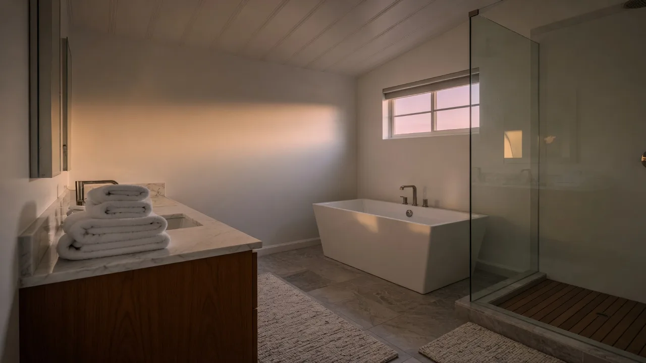 A bathroom at The Truth House at dusk.