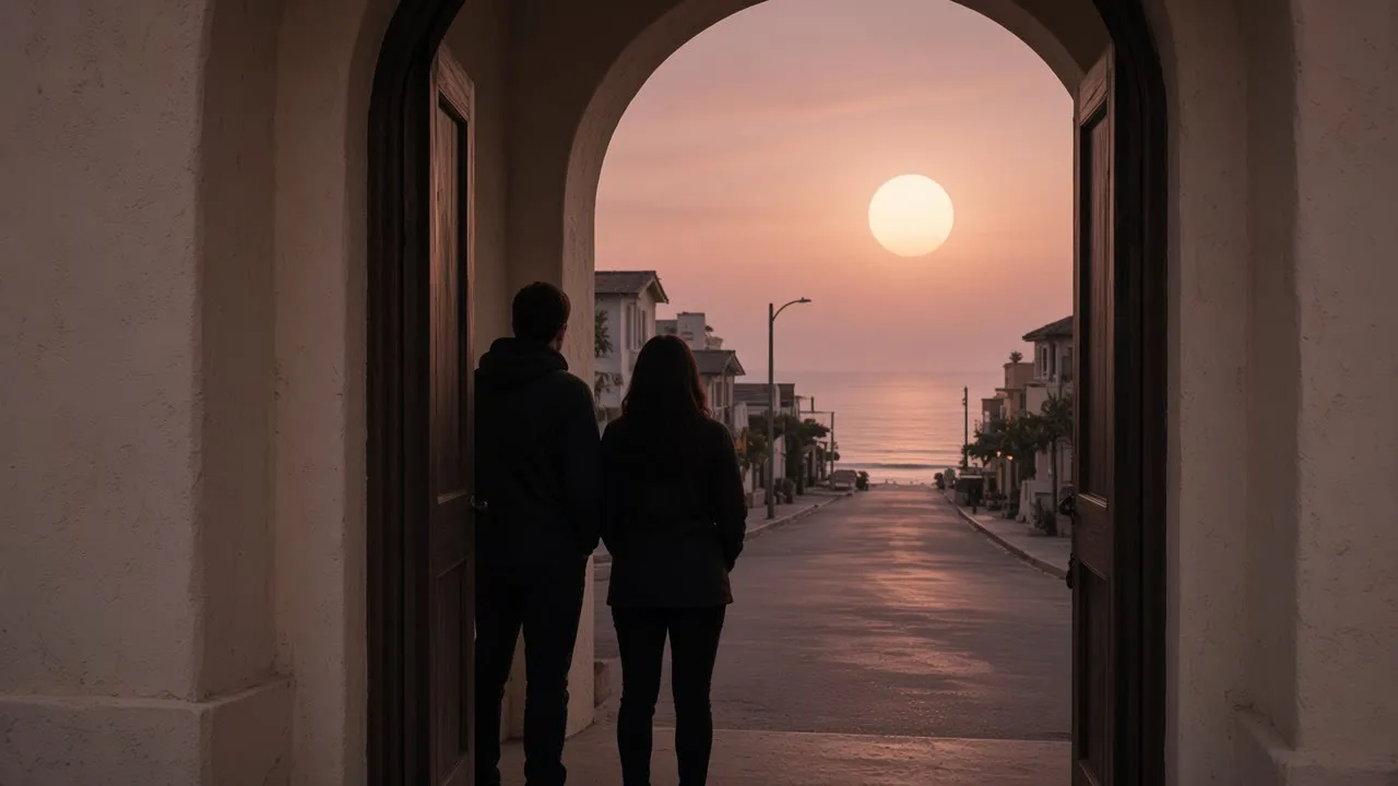 Two people standing in a cream arched doorway at dusk, backs to camera, a huge pale sun over still water at the end of a Laguna village street.