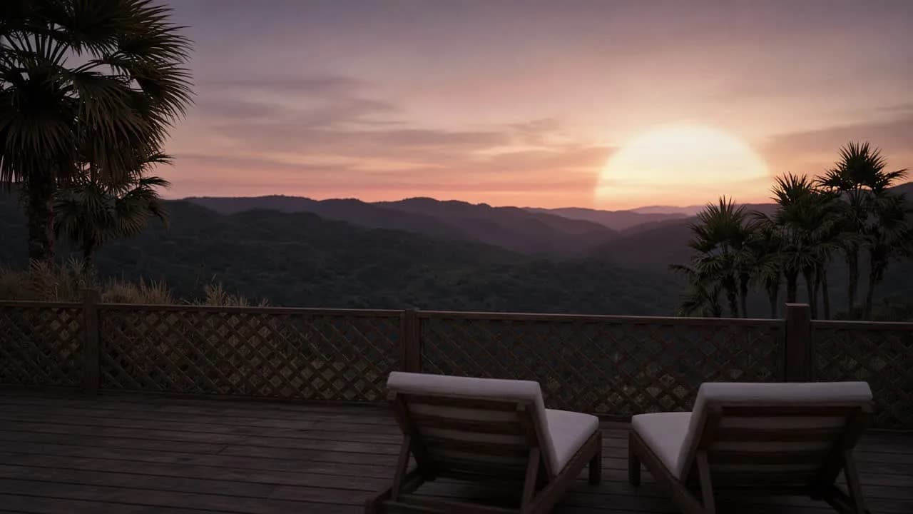 Lounge chairs on a deck looking into Laguna Canyon under a huge pale sun.