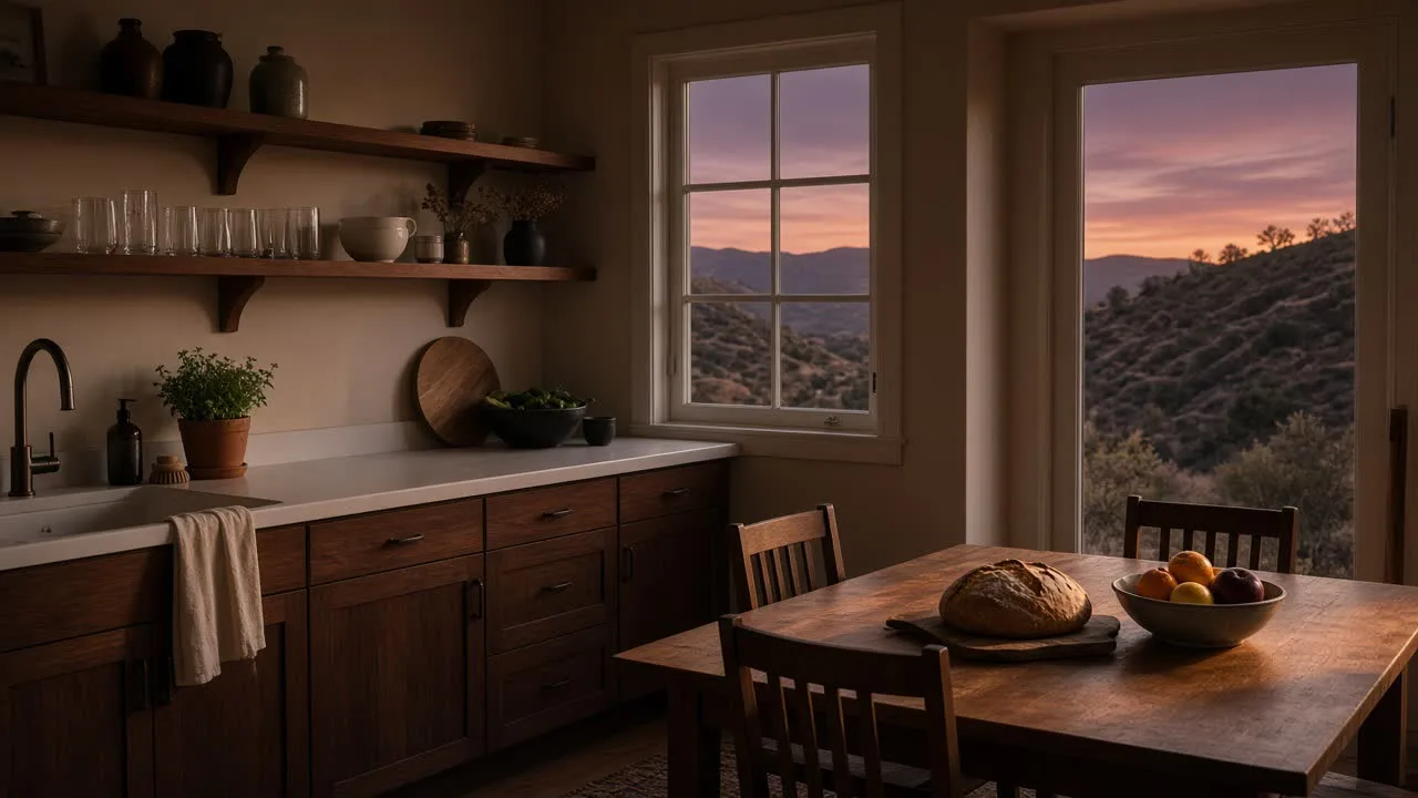 A walnut kitchen and dining table at dusk, canyon light in the window.
