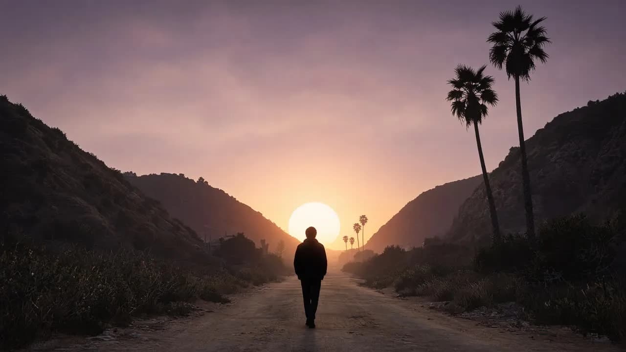 A person walking a canyon road toward a huge pale sun at last light, back to camera.