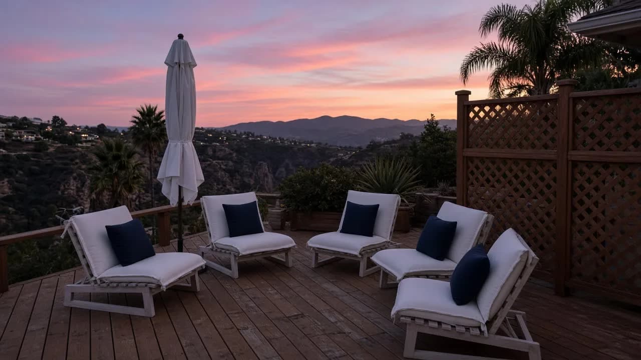 Lounge chairs on the Truth House deck in Laguna Canyon at dusk.
