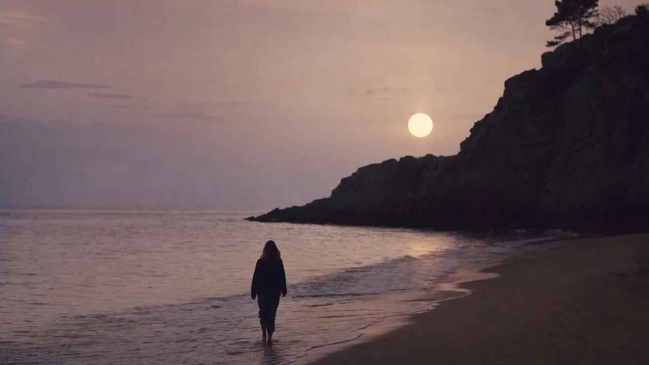 A person wading along the waterline toward a dark rocky point at dusk, back to camera, a pale sun above the point.