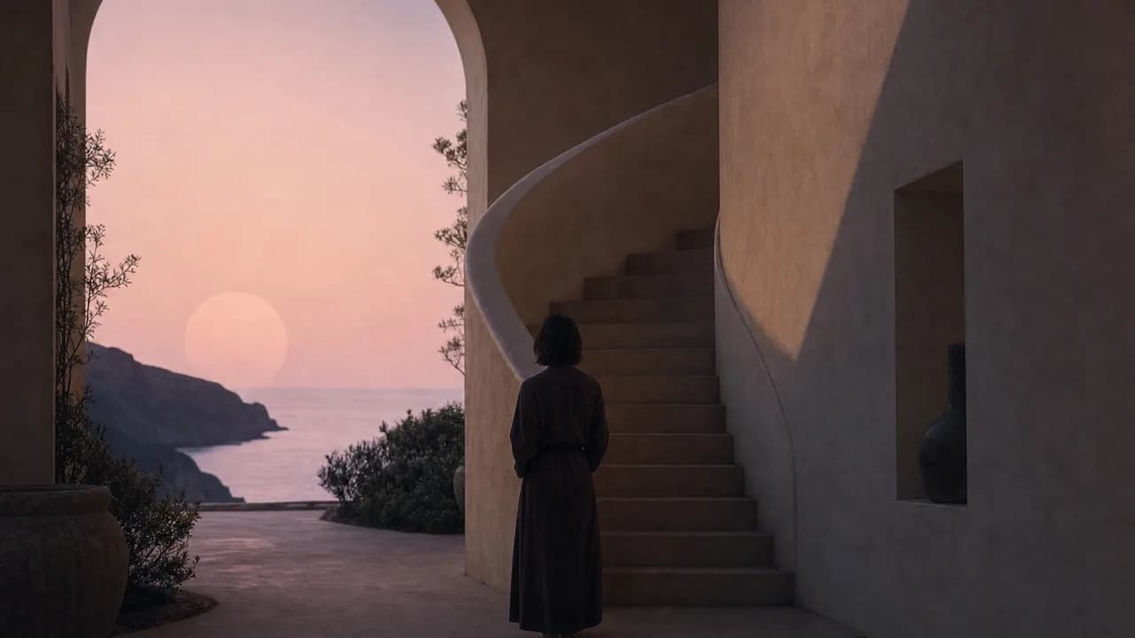 A person standing at the foot of a curved cream plaster stair under an arch at dusk, back to camera, the sea and a pale sun through the opening.
