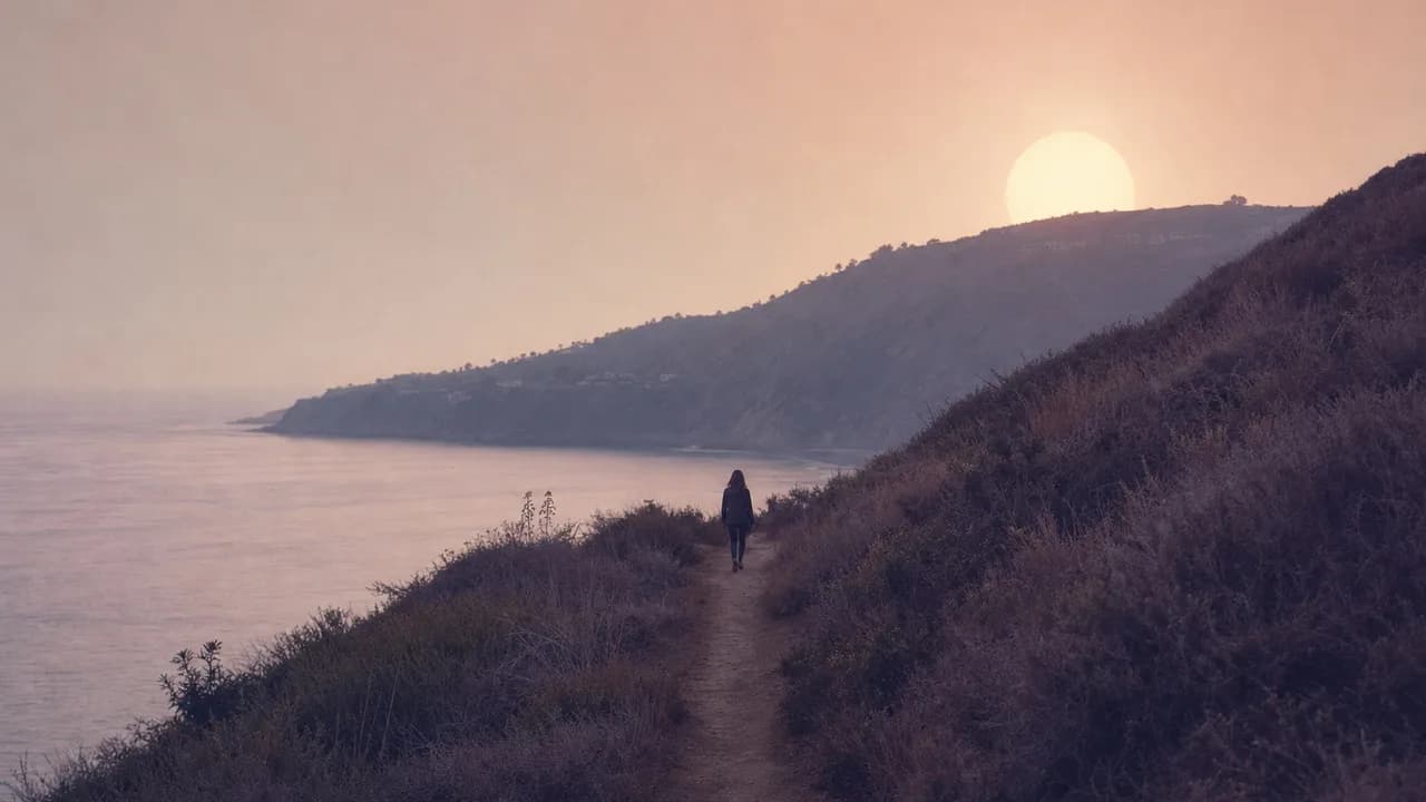 A person walking a narrow dirt trail through coastal sage on a bluff above the ocean at dusk, back to camera, a pale sun over the headland.