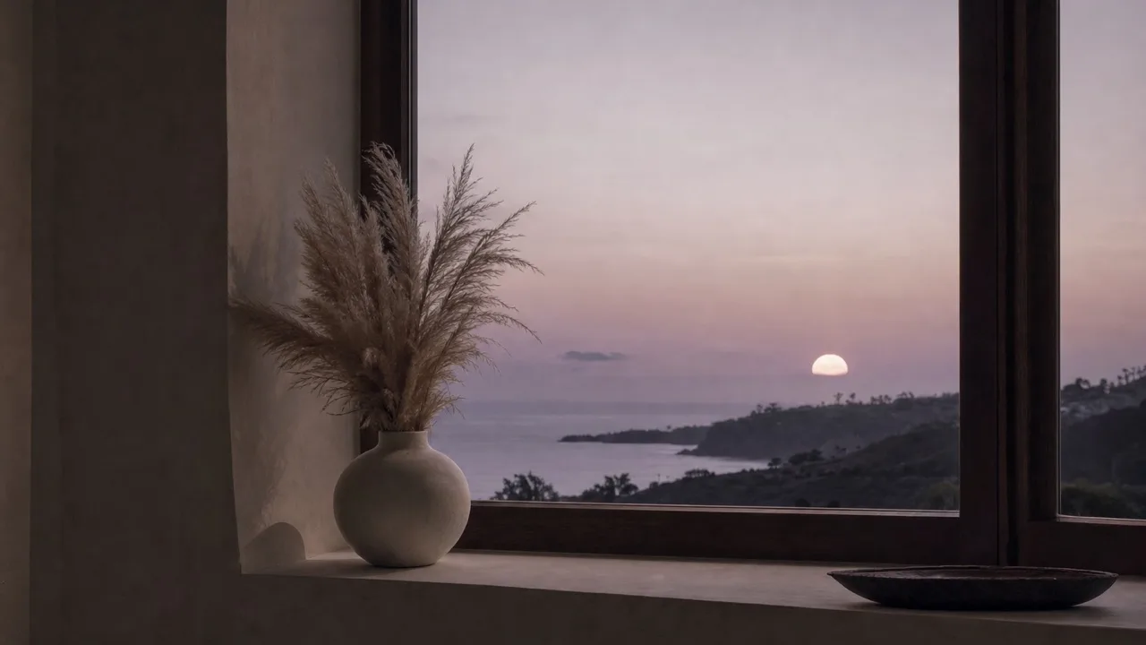 A cream ceramic vase of dried pampas grass on a deep plaster window sill, a pale sun setting over a hazy cove outside.