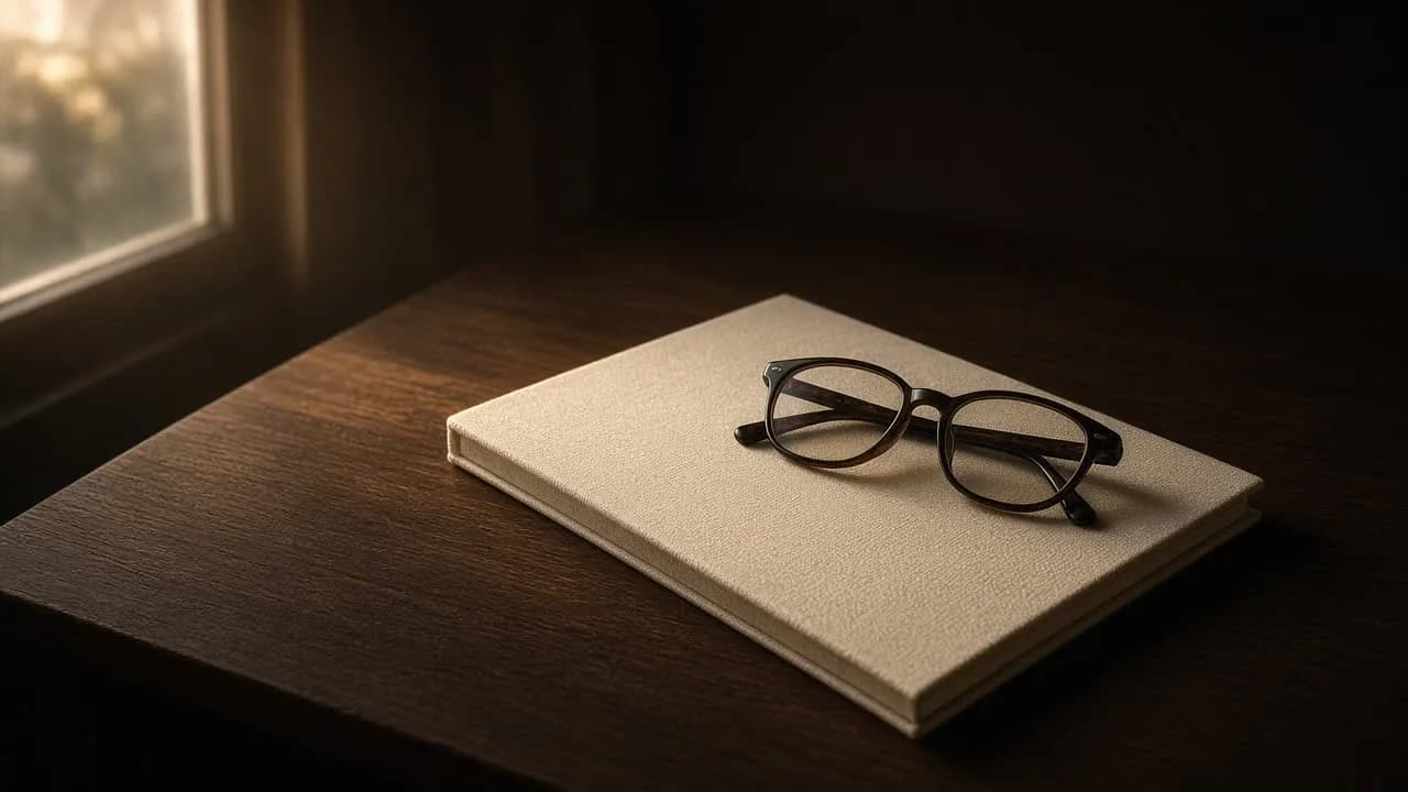 A cream cloth-bound book and dark reading glasses on a walnut desk in warm last light.