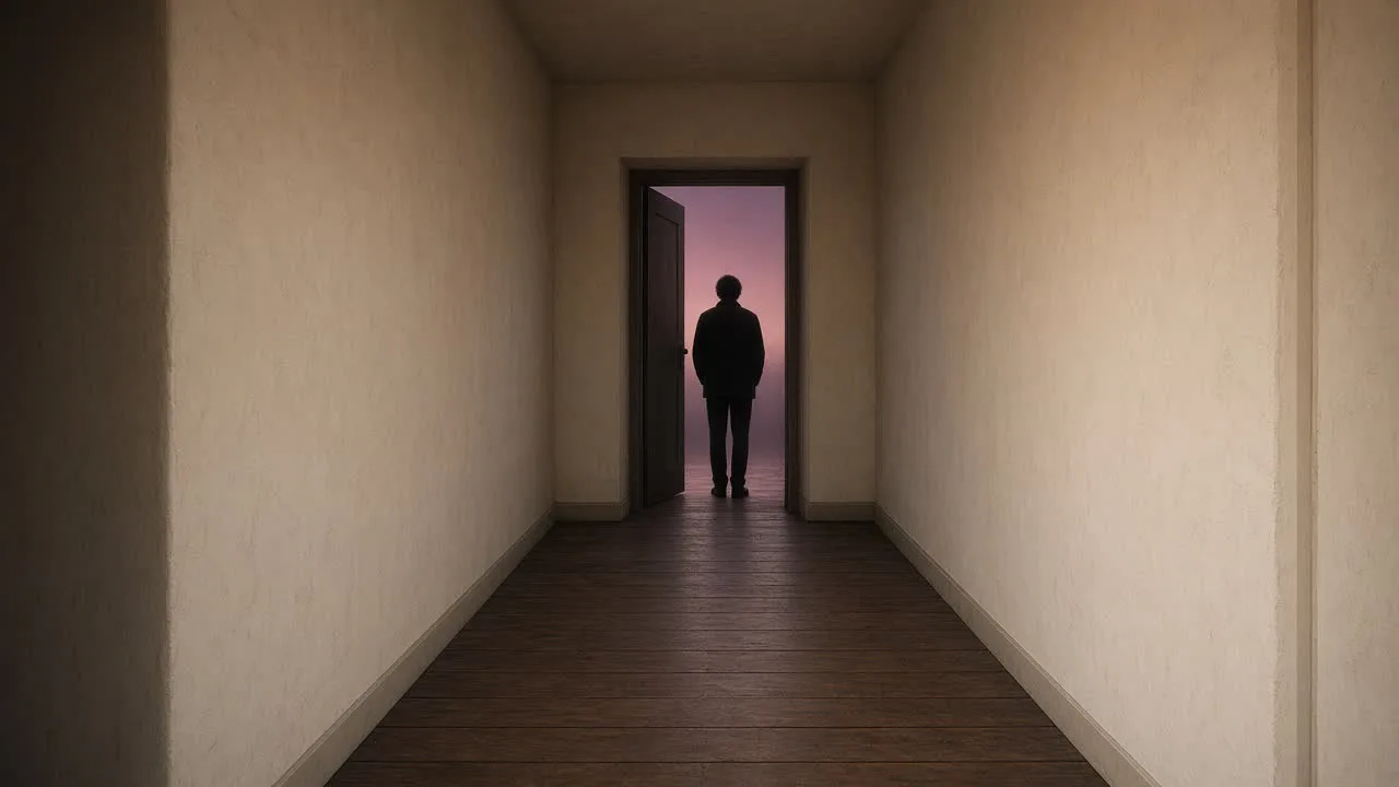 A person standing in an open doorway at the end of a cream plaster hallway, back to camera, mauve dusk light coming in.