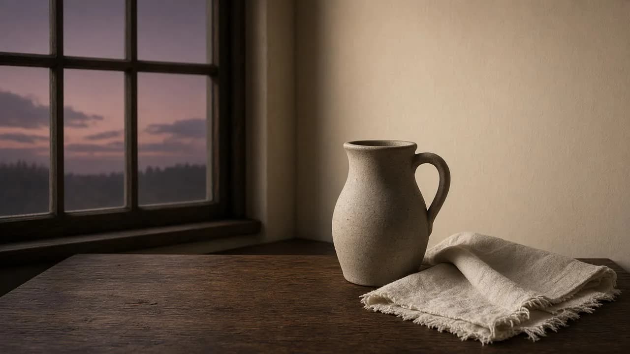 A ceramic pitcher and a folded cream napkin on a dark wood table beside a tall dusk window.