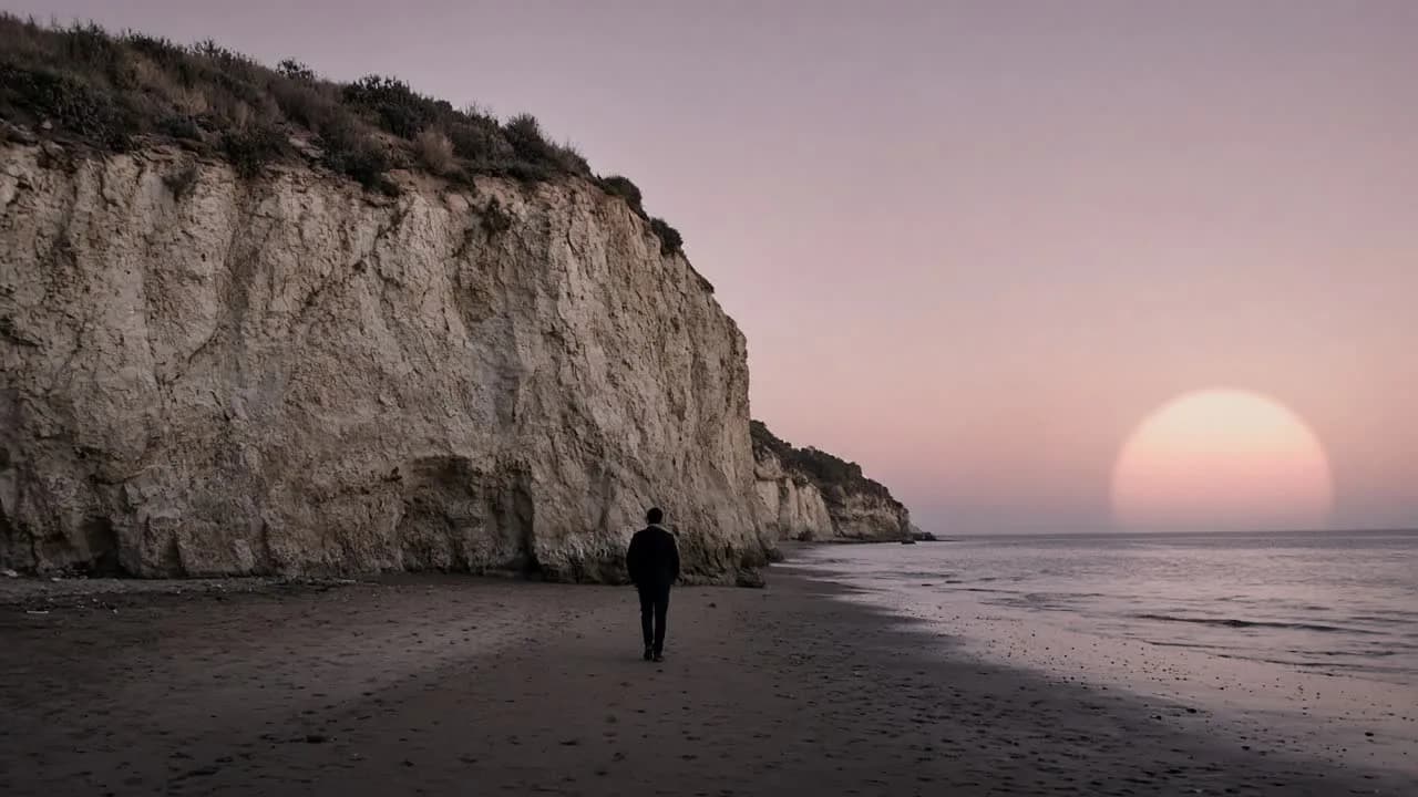 A person walking a sandy cove at the base of pale Laguna sandstone cliffs at dusk, back to camera, a pale sun over still water.
