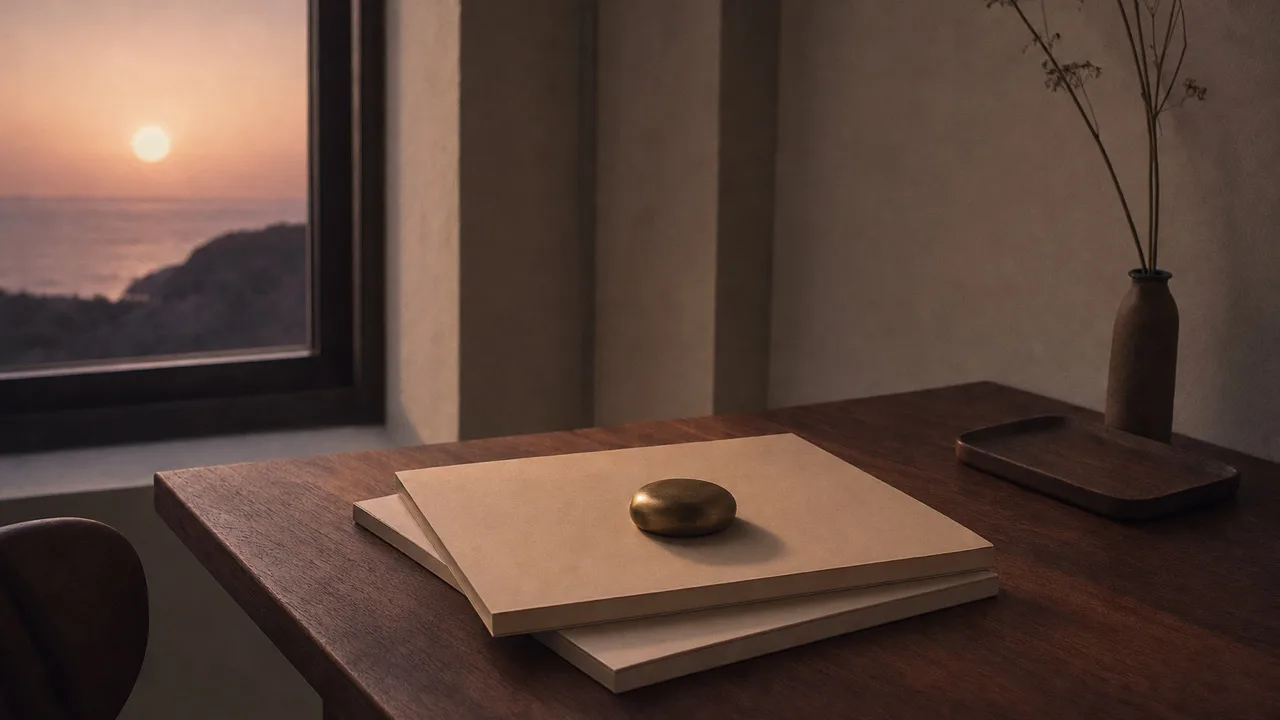 Two plain closed cream folders stacked on a walnut desk with a small brass stone on top, a dusk sea through the window beside them.