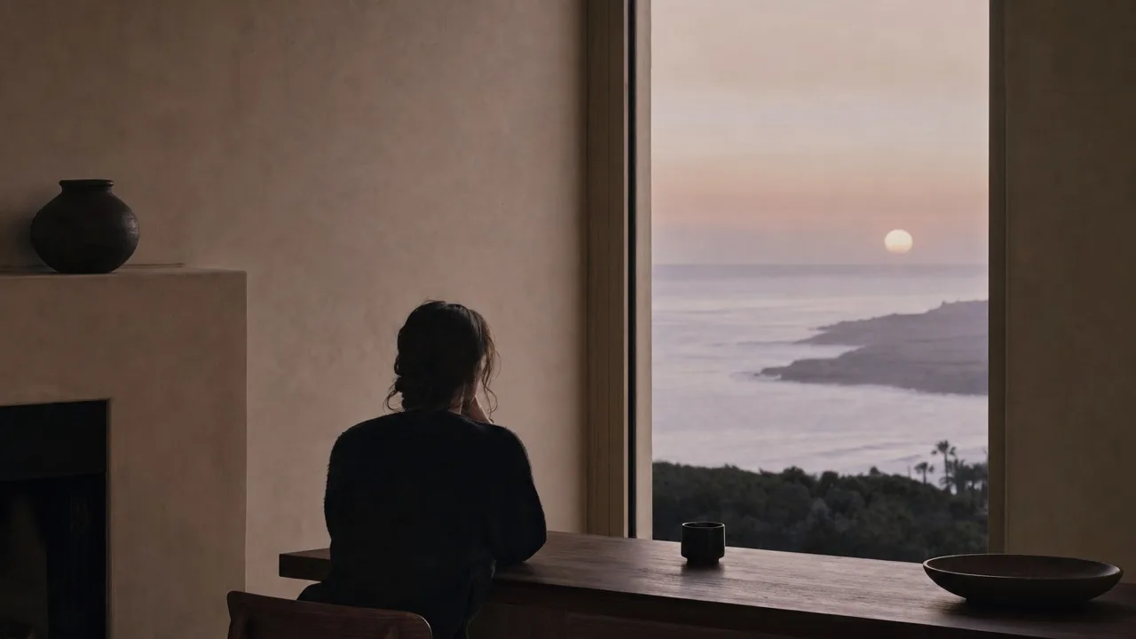 A person sitting at a dark walnut table beside a tall window in a cream plaster room, back to camera, looking out at a pale dusk ocean.