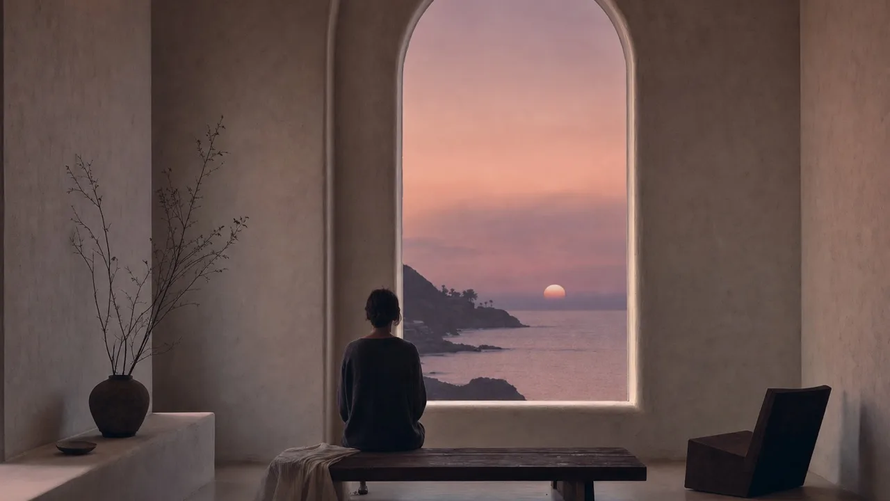 A person seated on a low wooden bench in a cream plaster room, back to camera, facing a tall arched window with a mauve dusk sky and a thin line of sea.