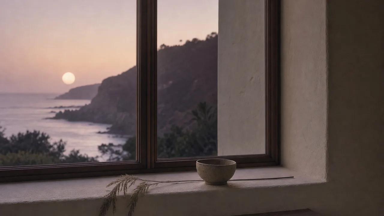 A small clay bowl and a sprig of dried coastal grass on a cream plaster windowsill, a dusk coastline and a pale sun through the window.