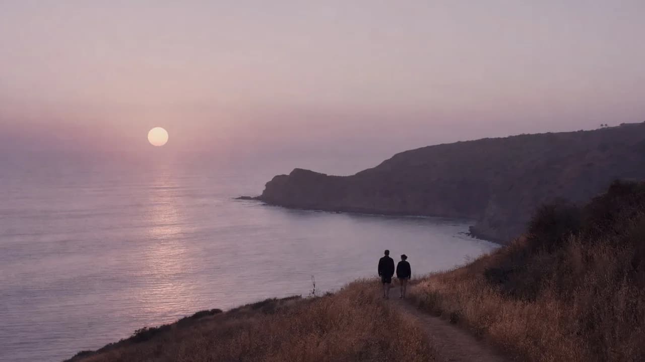 Two people walking side by side along a narrow coastal bluff trail through dry grass at dusk, backs to camera, the ocean and a pale low sun beyond.