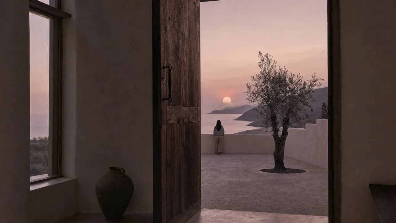 An open wooden door onto a cream plaster courtyard with a single olive tree at dusk, a person at the low wall with back to camera.