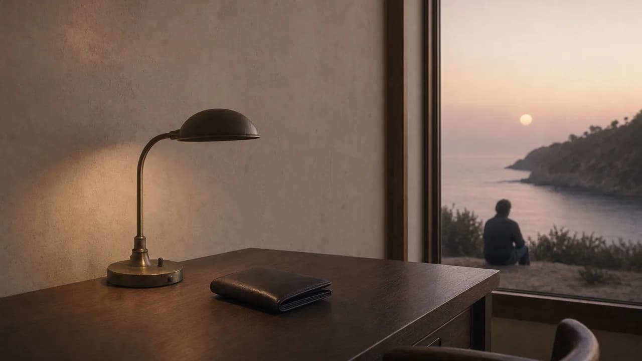 A closed dark leather wallet beside a brass desk lamp on a walnut desk, a window behind showing a person seated on a bluff at dusk.