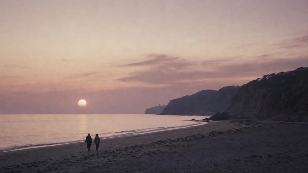 Two people walking side by side along the waterline of a wide empty beach at dusk, backs to camera, sandstone cliffs beyond.