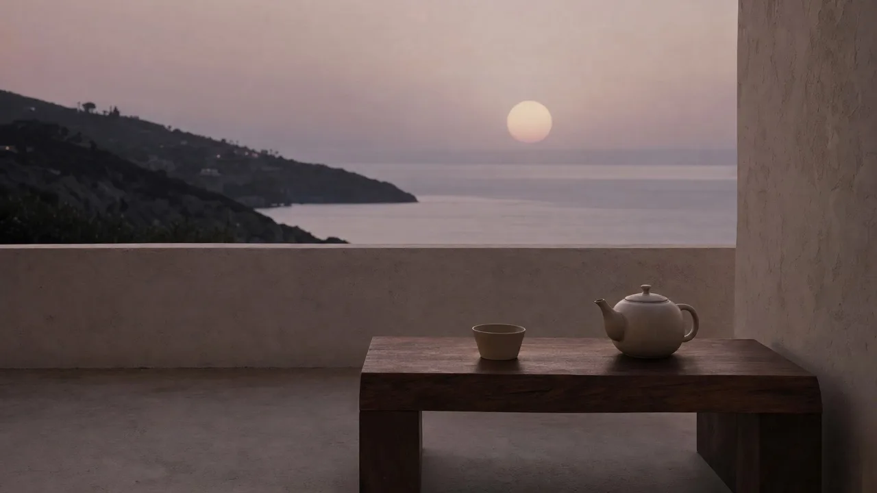 A cream ceramic teapot and one cup on a low walnut table on a plaster terrace, a pale sun over a hazy sea beyond the wall.