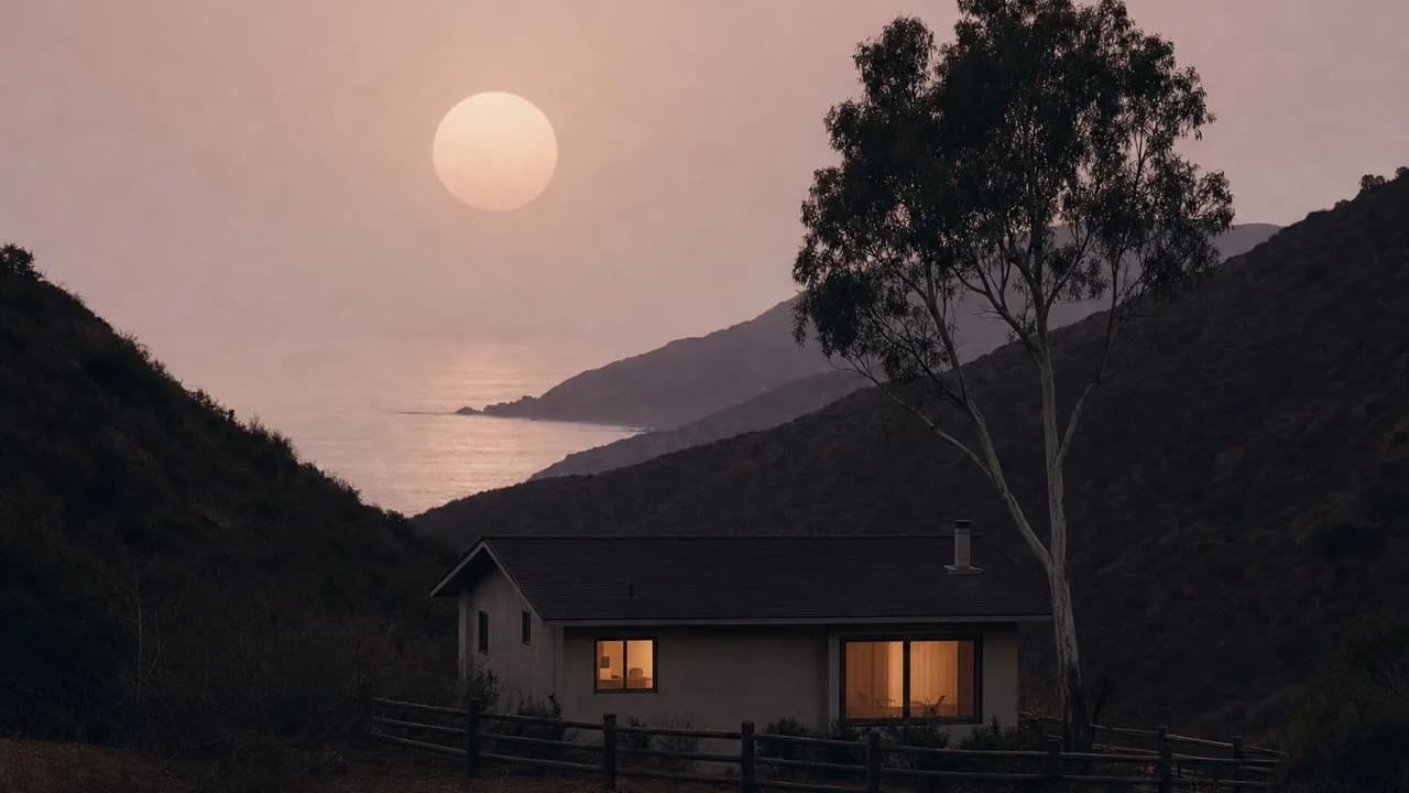 A small house with lit windows among dark canyon hills at dusk, a eucalyptus beside it and a pale sun over the far ridge.