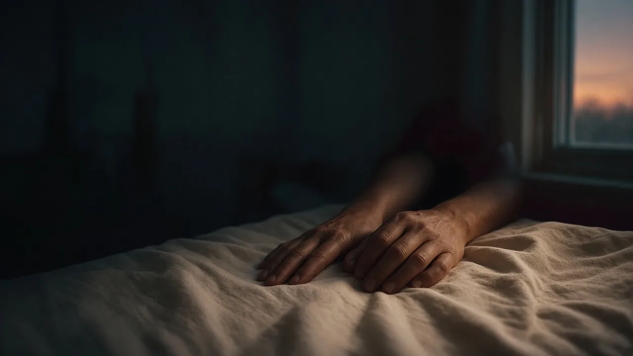 Hands resting on linen in dusk light — the somatic start of a session.