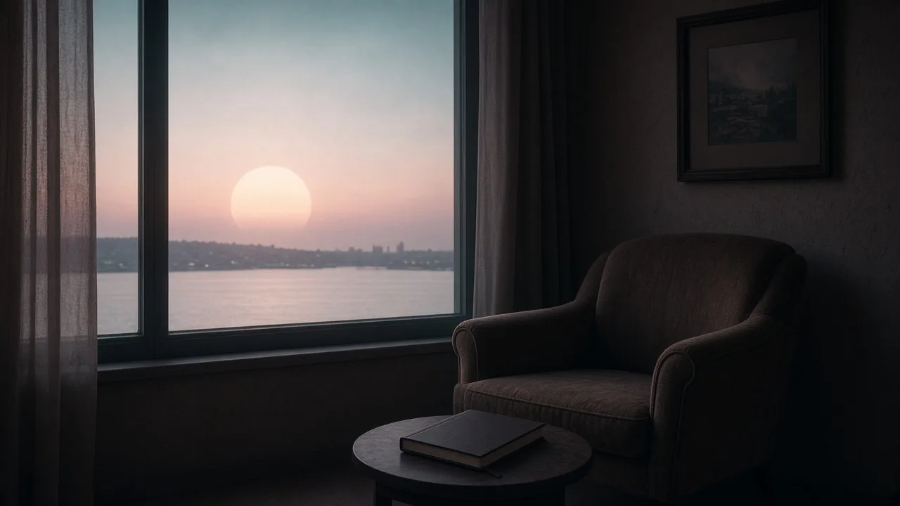 An empty chair and a closed notebook beside a window at Laguna dusk.