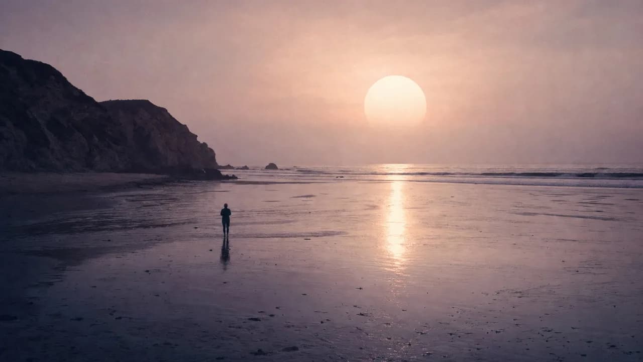 A person standing small on a wide empty beach at low tide at dusk, back to camera, a huge pale sun reflected across the wet sand.