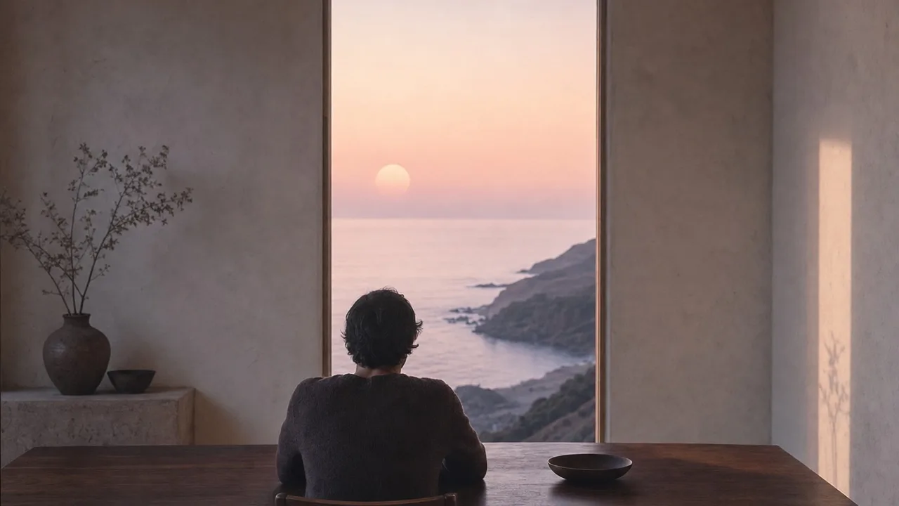 A person seated at a dark walnut table, seen from behind, a tall window beyond with pale dusk light over the ocean.