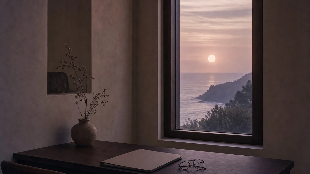 A dark walnut desk beneath a tall window in a cream plaster study at dusk, a closed folder and reading glasses on the desk, a pale sun low over the ocean.