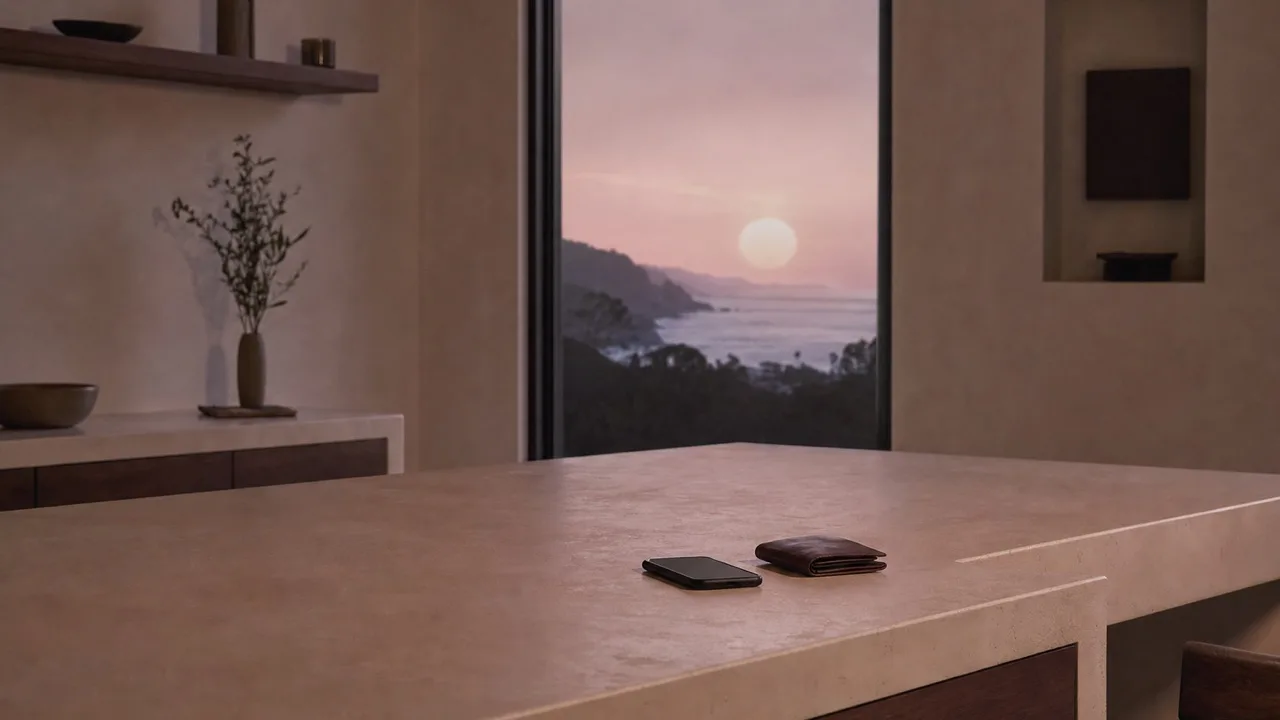 A cream plaster kitchen counter at dusk with a phone and a closed leather wallet resting on it, pale light through a tall window.
