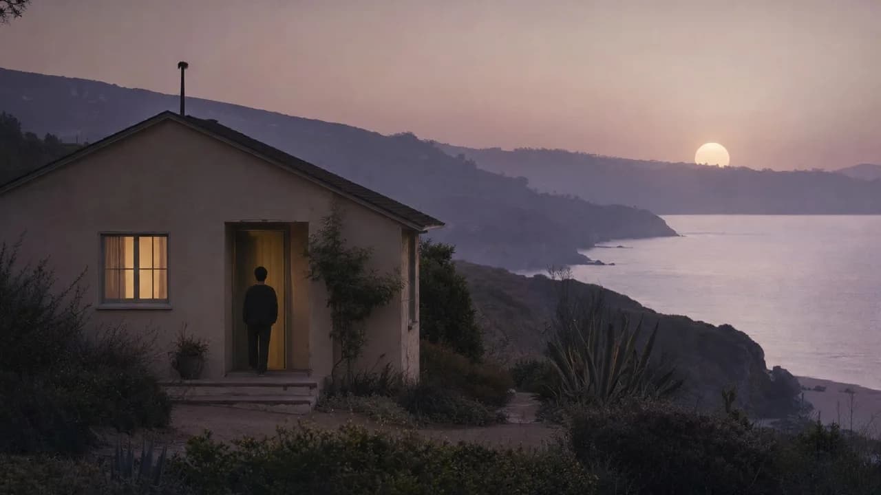 A small cream house on a Laguna hillside at blue hour with one warm lit window, a person at the front door with back to camera.