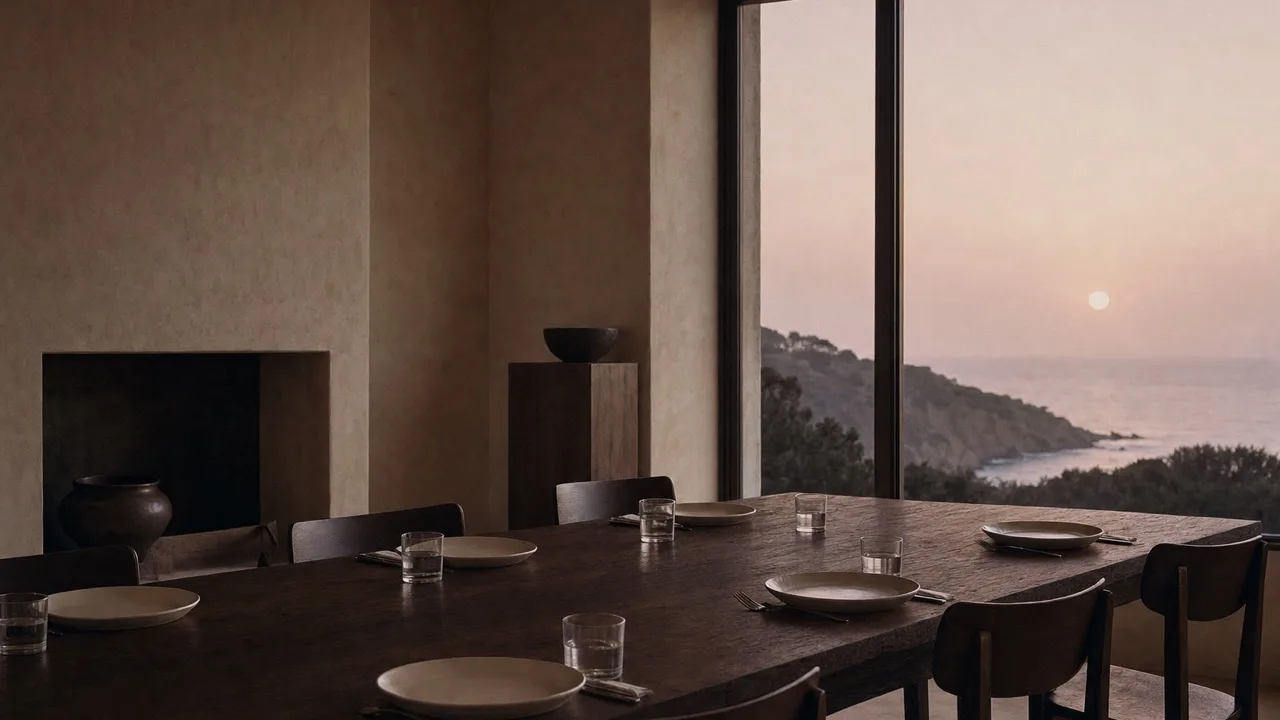 A long dark walnut table set simply for lunch with plain plates and water glasses in a cream plaster room, a tall window with a pale sun over the ocean.