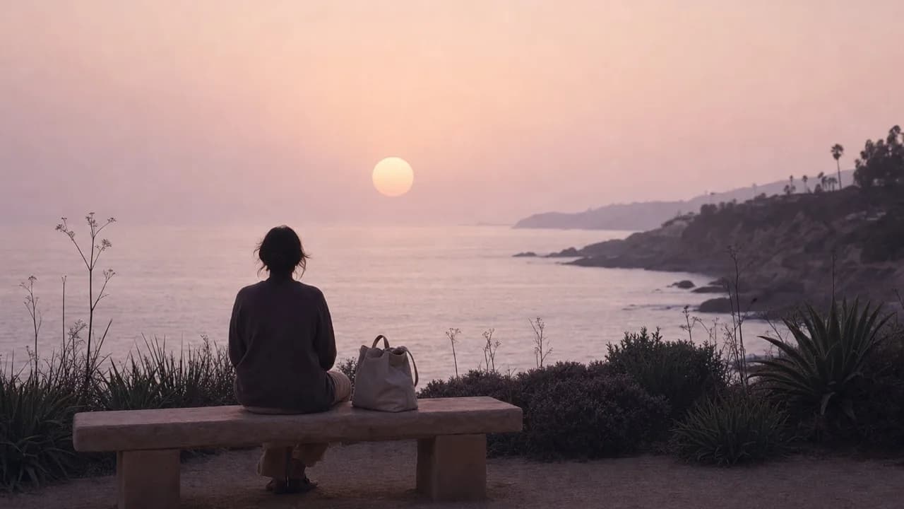 A person sitting on a sandstone bench in a quiet coastal garden in soft afternoon haze, back to camera, a canvas bag beside them and a pale sun over the Pacific.