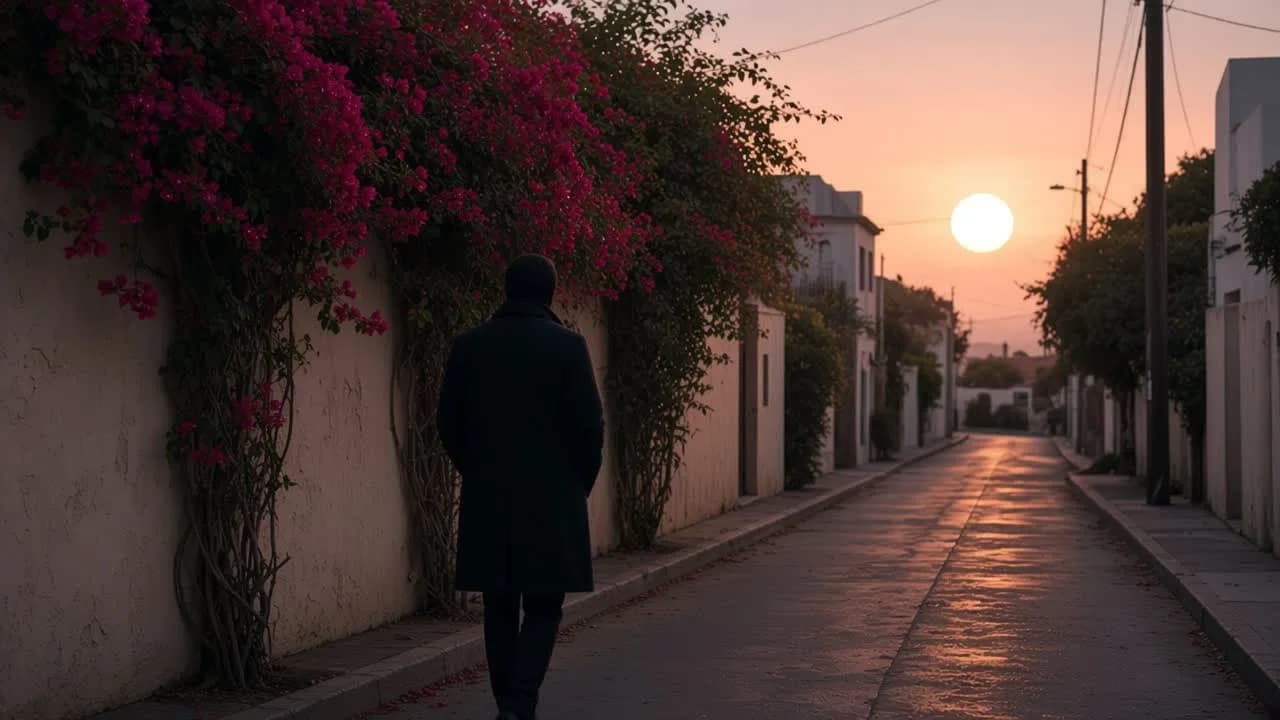 A person walking a cream Laguna village sidewalk at dusk, back to camera, a huge pale sun at the far end of the lane.