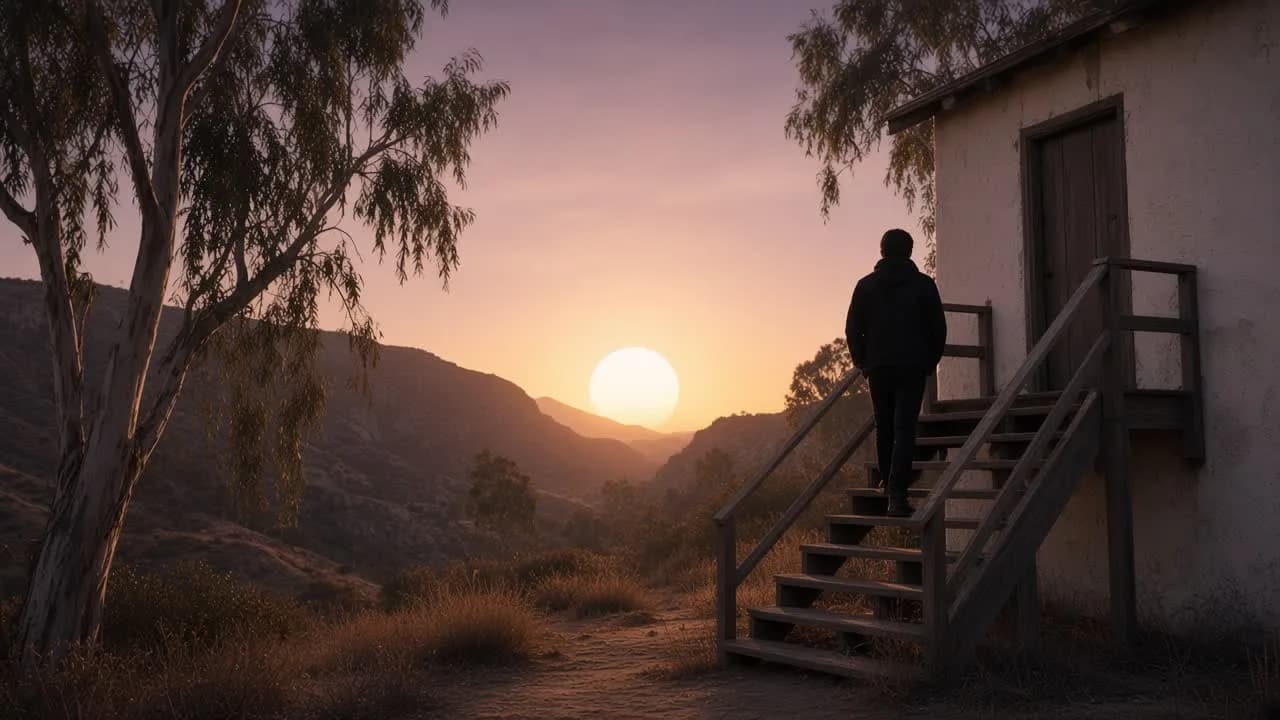 A person standing on an exterior wooden stair of a canyon house at first light, back to camera, a huge pale sun beyond the hills.