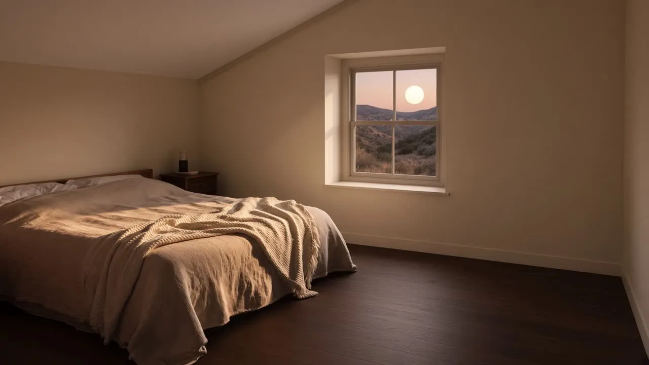 A made bed in a cream room at dusk, a knit throw, canyon hills in a window on the right, no one in the frame.