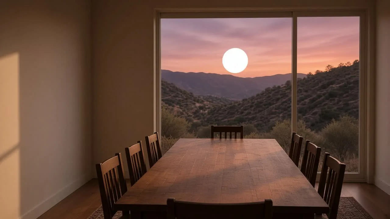 A long walnut dining table and empty chairs facing sliding doors at dusk, a huge pale sun over Laguna Canyon hills.
