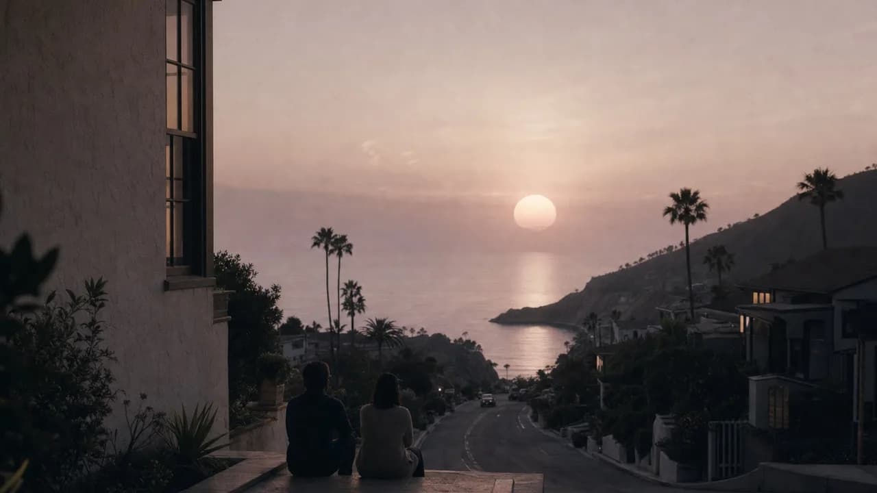 Two people sitting on the front steps of a cream stucco house at dusk, backs to camera, looking down a hillside street toward the ocean and a huge pale sun.