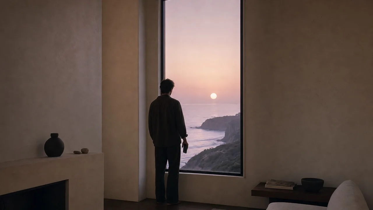 A person standing at a tall window in a cream plaster room at dusk, back to camera, a phone held at their side, a pale sun over the ocean and a sandstone headland.