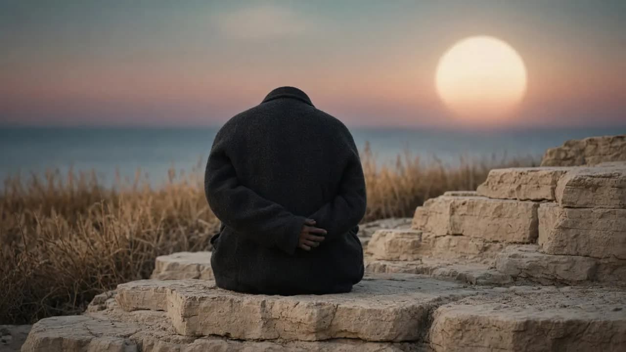 A person sitting on a sandstone outdoor step at dusk, back to camera, one hand on the opposite forearm, a pale sun beyond the grass.