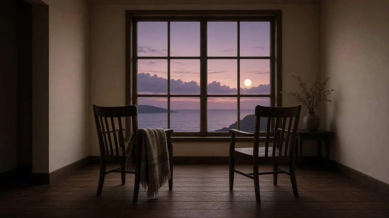 Two empty wooden chairs facing a tall window at dusk, a pale sun and the Pacific visible through the glass.