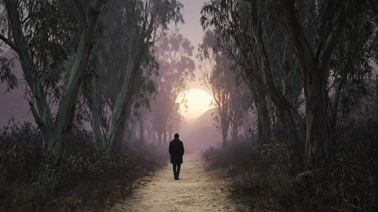 A person walking a narrow Laguna Canyon dirt path at dusk, back to camera, a pale sun at the far opening between eucalyptus.