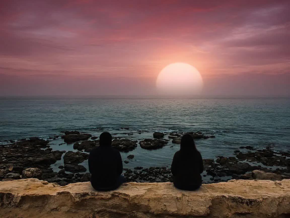 Two people sitting on a sandstone seawall at a Laguna cove at dusk, a gap between them, backs to camera, a pale sun over still water.