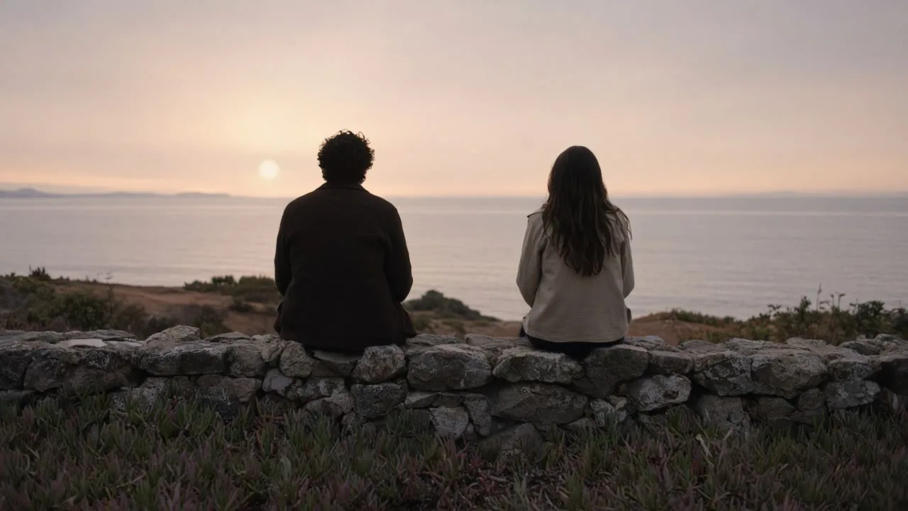 Two people sitting on a low stone wall with space between them at dusk, backs to camera, iceplant along the bluff.