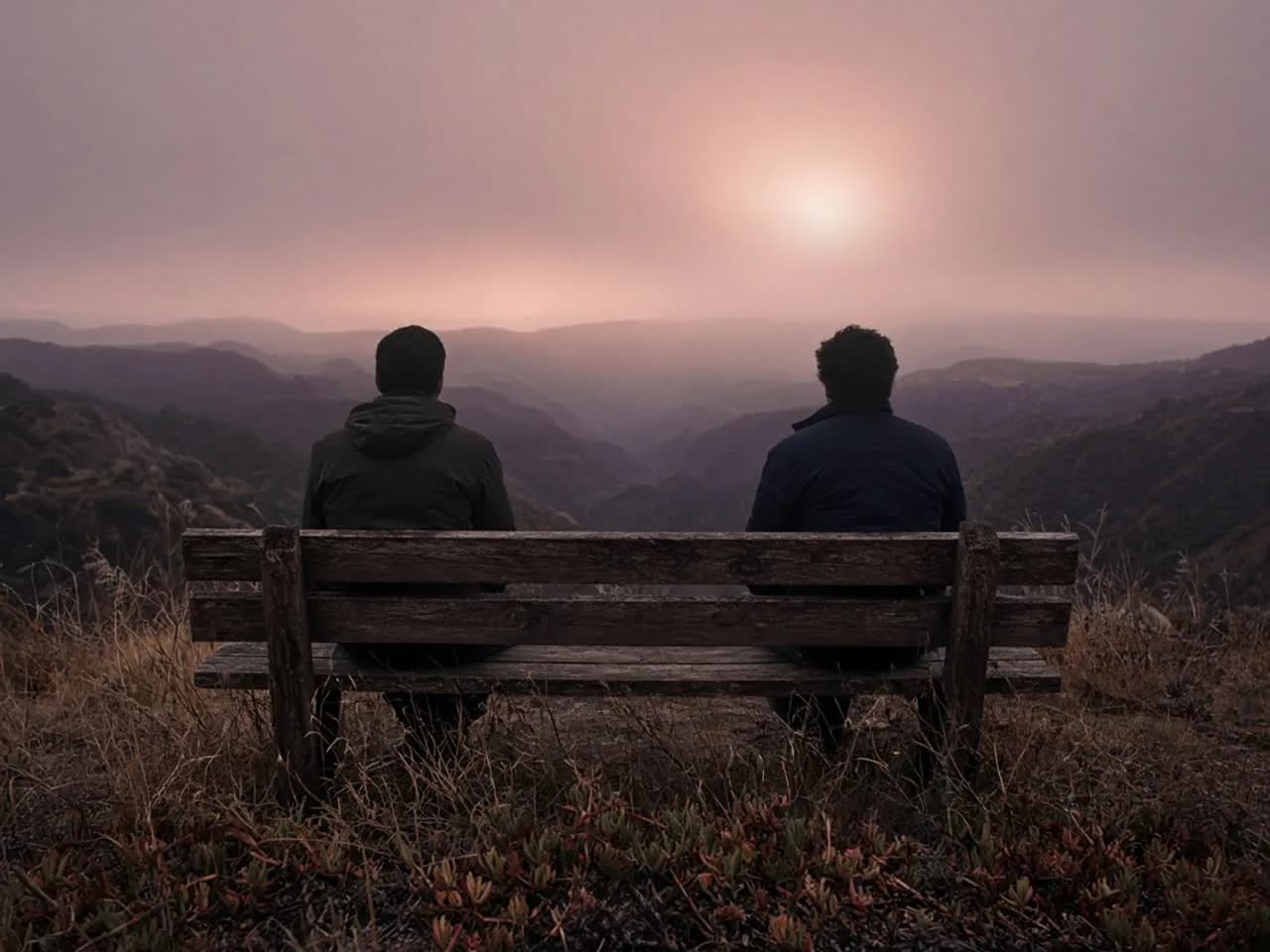 Two people sitting on a weathered wooden bench on a canyon overlook at dusk, backs to camera, space between them.