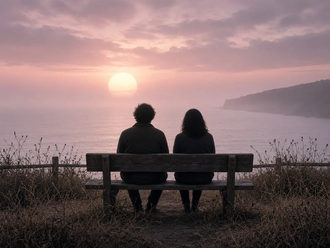 Two people sitting on a weathered wooden coastal overlook at dusk, backs to camera, a pale sun over still water.