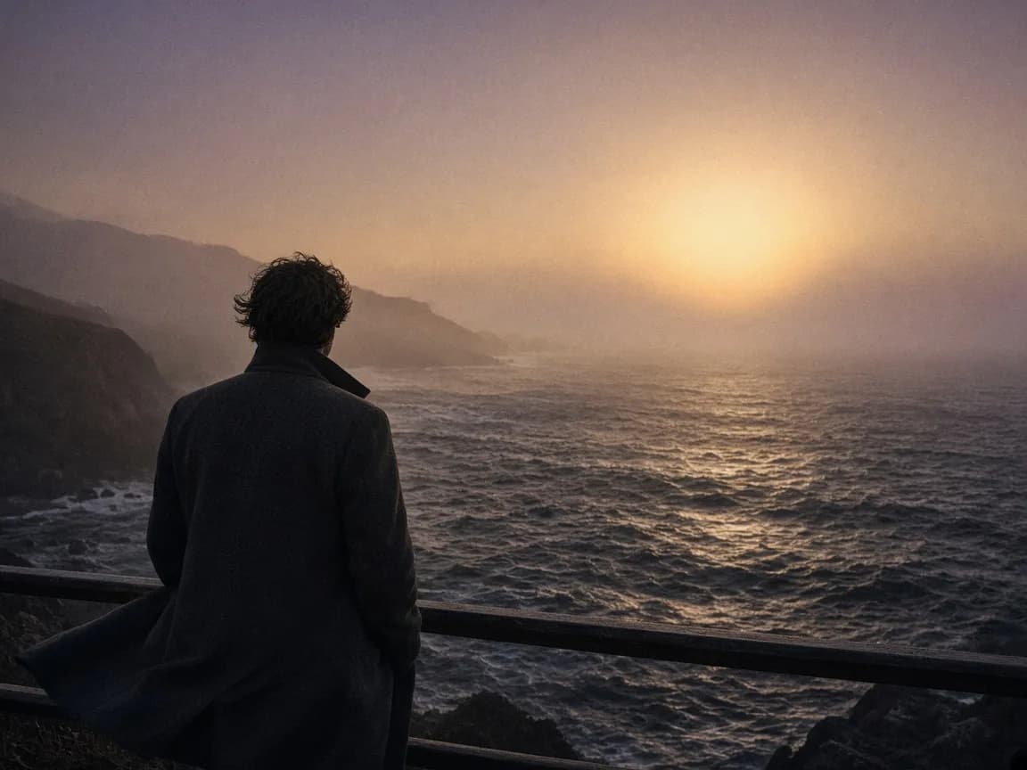 The back of a person in a wool coat at a cliff railing, wind in the jacket, dark Pacific below.