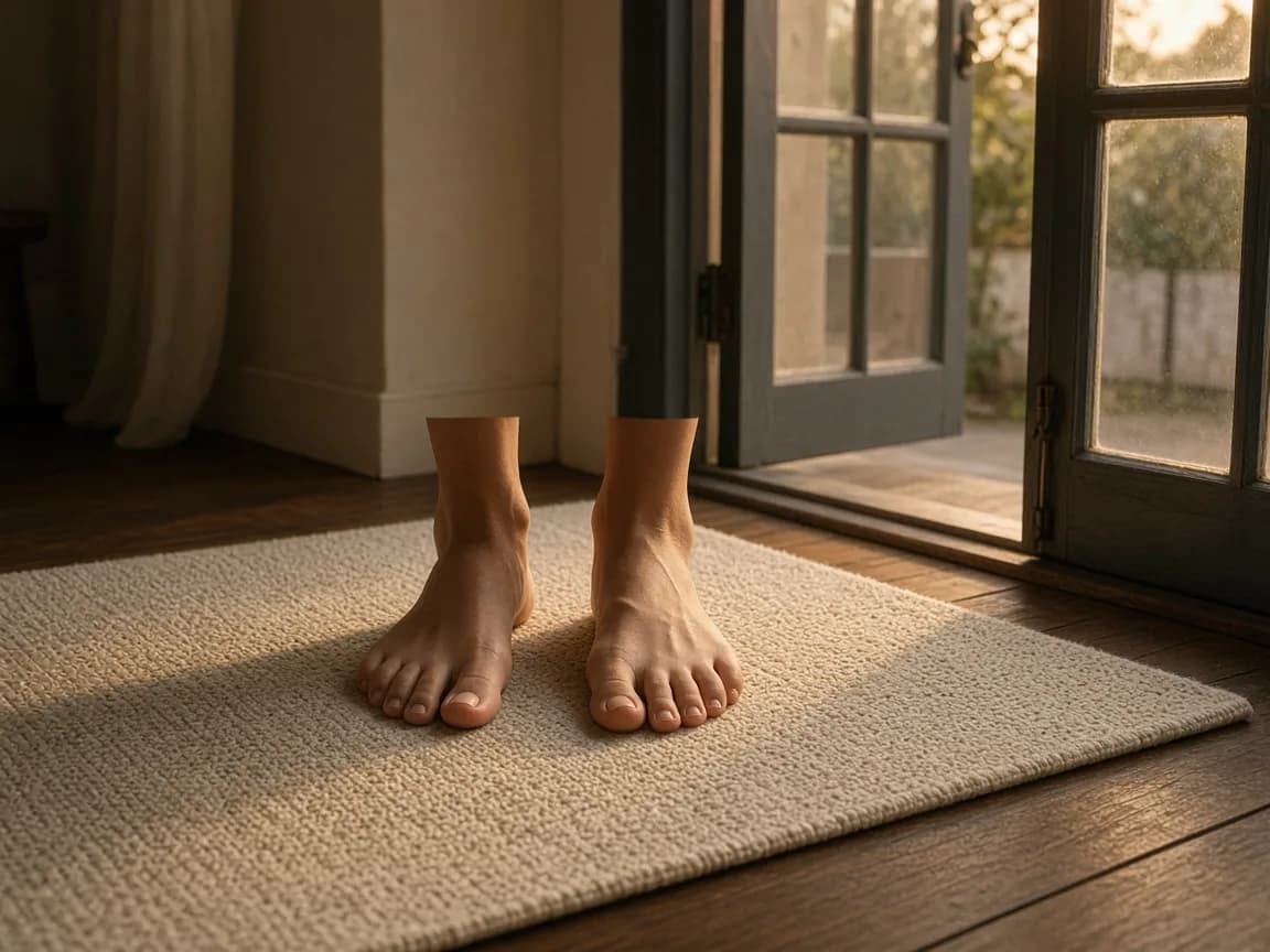 Bare feet on a linen yoga mat by an open door, last gold light on the floor.