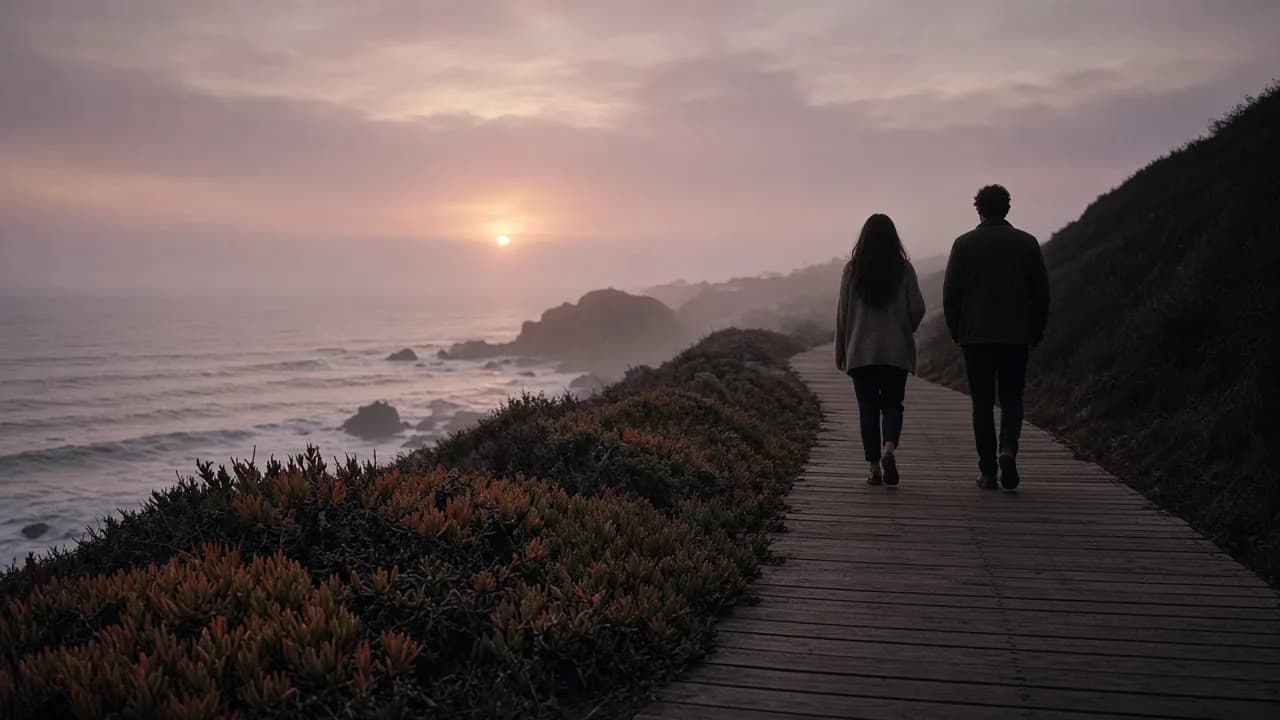 Two people walking a coastal boardwalk at dusk, backs to camera, iceplant along the bluff.