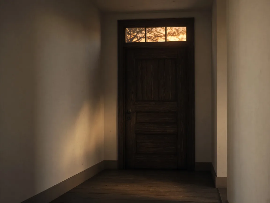A quiet hallway with a closed door, amber dusk through a transom window.